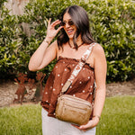 Load image into Gallery viewer, metallic brown purse with neutral heart strap

