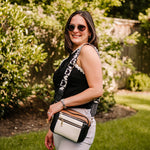 Load image into Gallery viewer, mixed black, white, &amp; brown purse with black &amp; white heart strap
