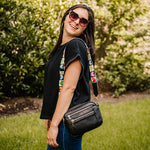Load image into Gallery viewer, black purse with rainbow heart strap
