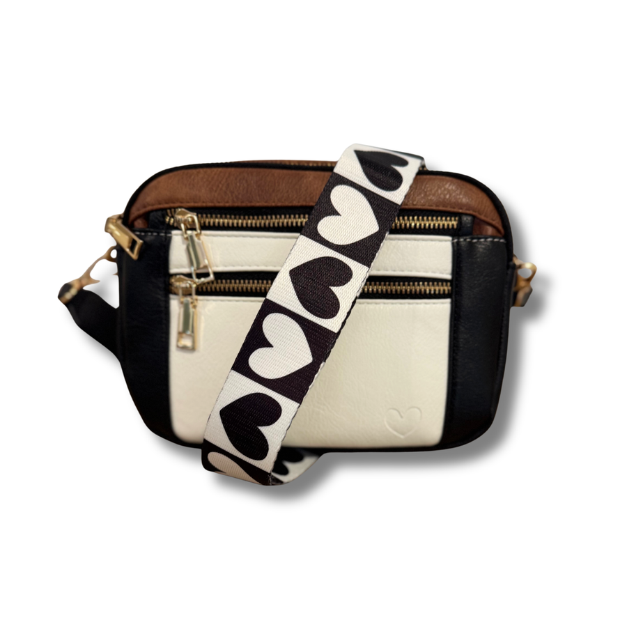 mixed black, white, & brown purse with black & white heart strap
