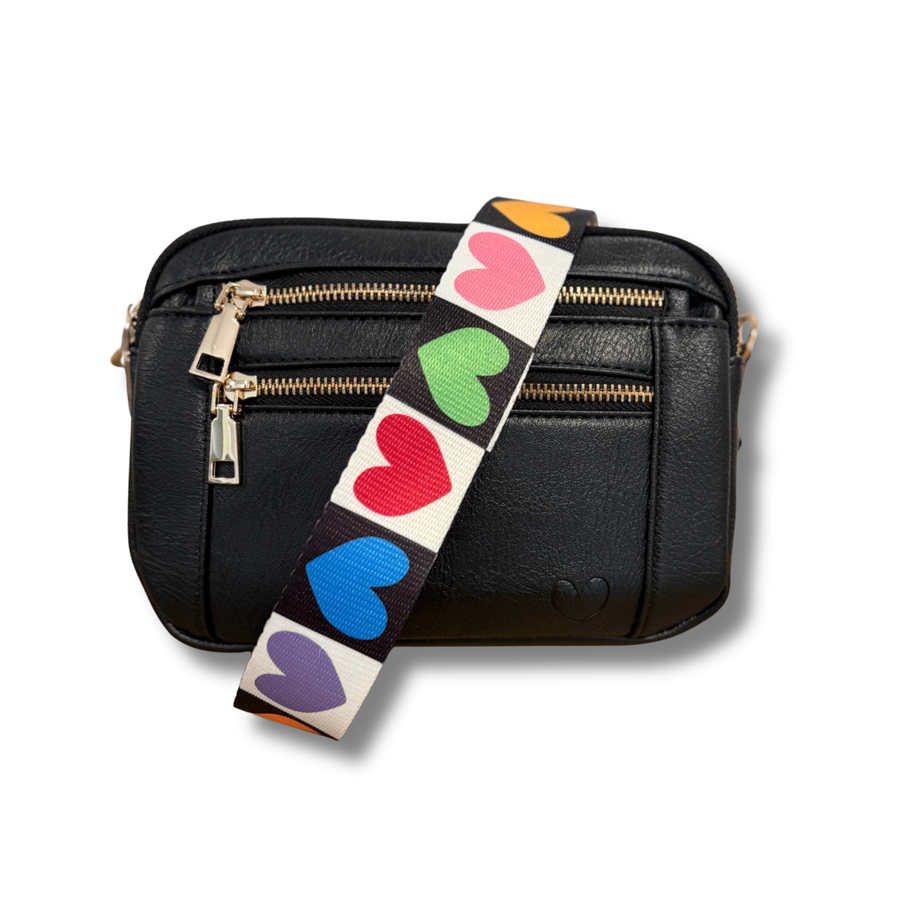 black purse with rainbow heart strap