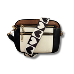 Load image into Gallery viewer, mixed black, white, &amp; brown purse with black &amp; white heart strap
