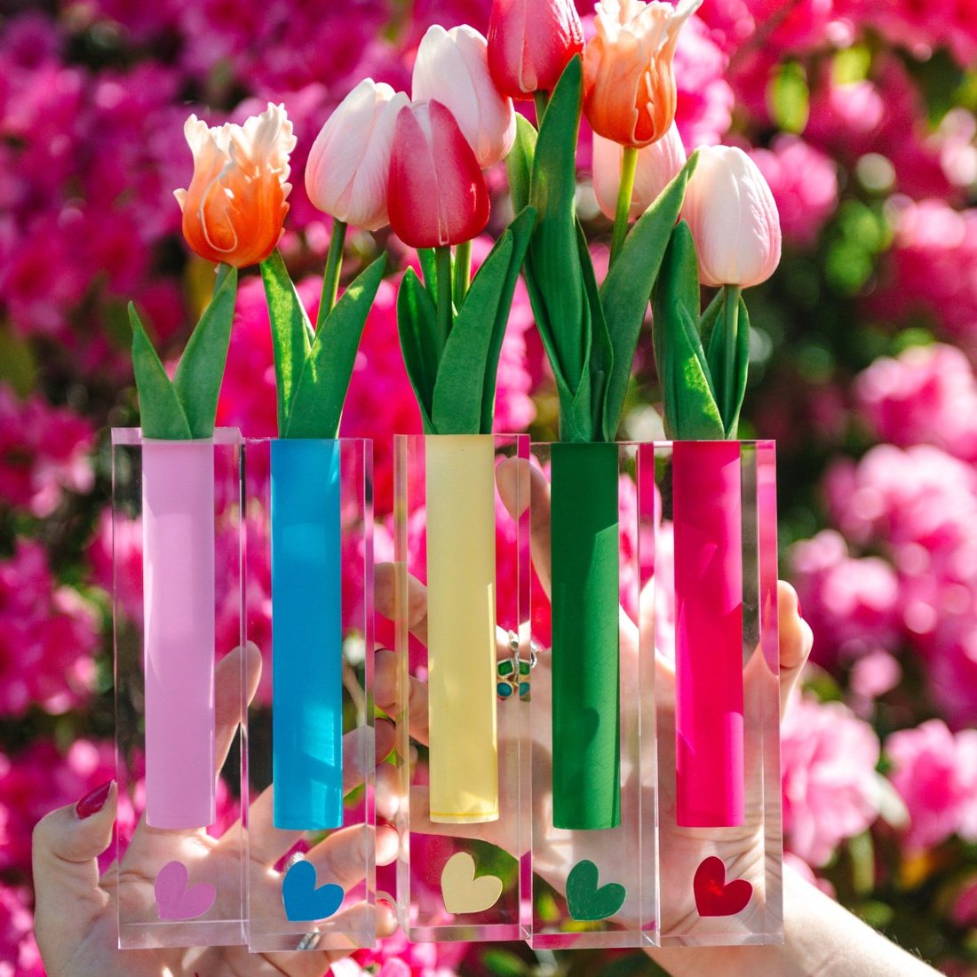 Colored acrylic bud vases with tulips